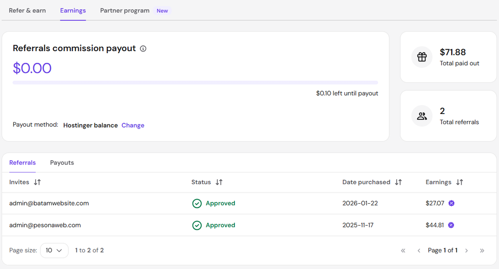 tampilan hostinger komisi setelah payout